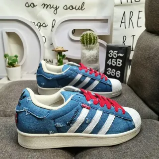 Adidas Superstar Denim Distressed Blue White Red Lifestyle Sneakers