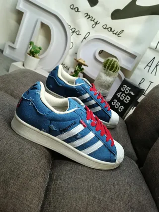 Adidas Superstar Denim Distressed Blue White Red Lifestyle Sneakers 3