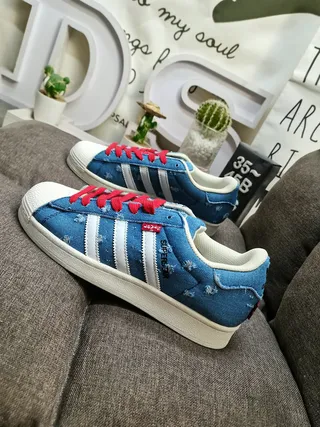 Adidas Superstar Denim Distressed Blue White Red Lifestyle Sneakers 5
