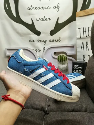 Adidas Superstar Denim Distressed Blue White Red Lifestyle Sneakers 7