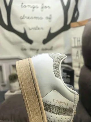 Adidas Superstar White Beige Shell Toe Glitter Stripes Lifestyle Sneakers 3