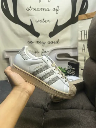 Adidas Superstar White Beige Shell Toe Glitter Stripes Lifestyle Sneakers 5