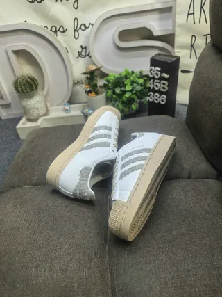 Adidas Superstar White Beige Shell Toe Glitter Stripes Lifestyle Sneakers 6