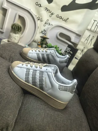 Adidas Superstar White Beige Shell Toe Glitter Stripes Lifestyle Sneakers 7