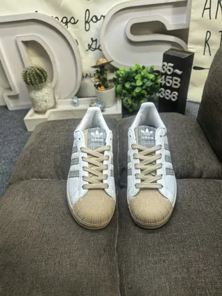 Adidas Superstar White Beige Shell Toe Glitter Stripes Lifestyle Sneakers 10