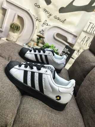 Adidas Superstar White Black Floral Embroidery Lifestyle Sneakers 7