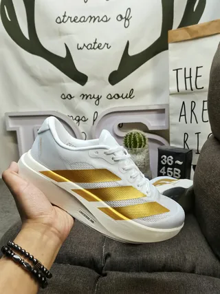 Adidas White and Gold Three-Stripe Running Shoes 4