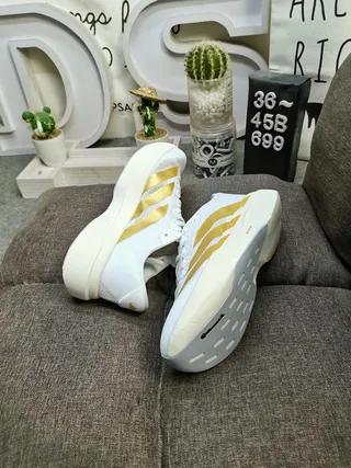Adidas White and Gold Three-Stripe Running Shoes 5