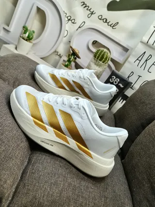 Adidas White and Gold Three-Stripe Running Shoes 6