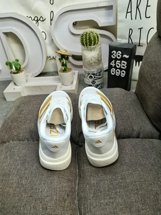 Adidas White and Gold Three-Stripe Running Shoes 7