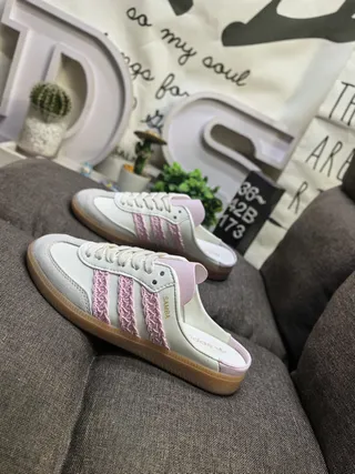 Adidas White Pink Backless Mule Woven Stripes Lifestyle Sneakers 7