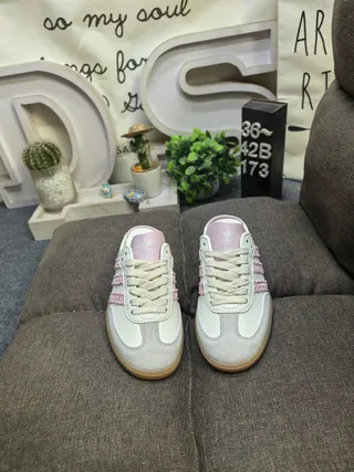 Adidas White Pink Backless Mule Woven Stripes Lifestyle Sneakers 10
