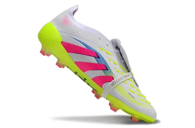 Adidas Chaussures de Football Blanc et Rose Sans Lacets Fermeture Sangle Semelle Translucide Jaune Néon Sol Ferme 2