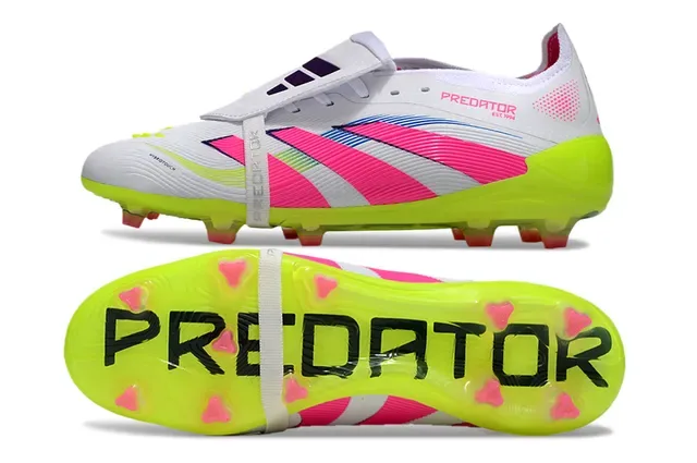 Adidas Chaussures de Football Blanc et Rose Sans Lacets Fermeture Sangle Semelle Translucide Jaune Néon Sol Ferme 4