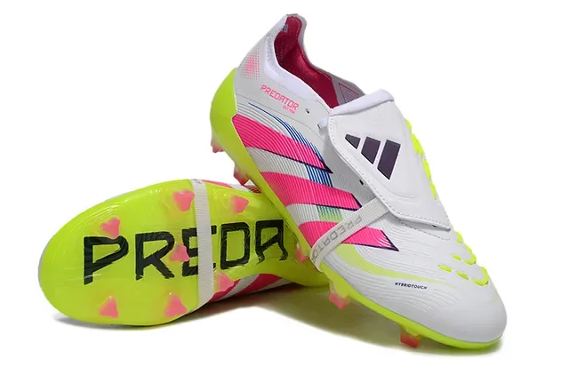 Adidas Chaussures de Football Blanc et Rose Sans Lacets Fermeture Sangle Semelle Translucide Jaune Néon Sol Ferme 6