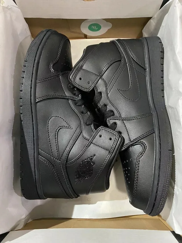 Air Jordan 1 حذاء كرة السلة جلد أسود أحادي اللون عالي القدمين 7