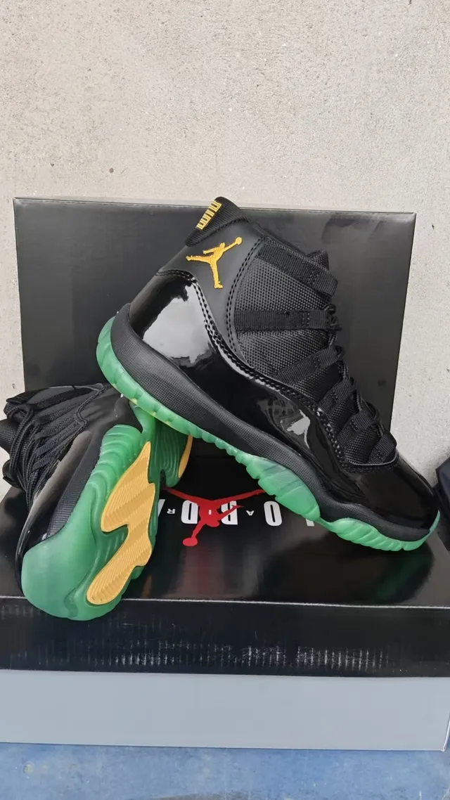 Air Jordan 11 Black Green Yellow Basketball Shoes 2