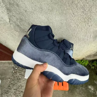 Air Jordan 11 Denim-Textured Navy and White Basketball Shoes