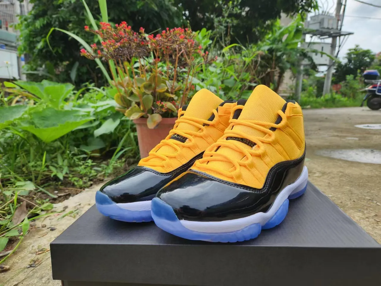 Chaussures de basketball Air Jordan 11 en cuir verni jaune et noir 2