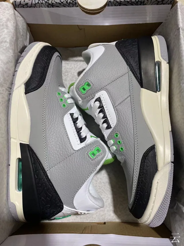 Zapatillas de baloncesto Air Jordan 3 en gris, negro y verde con estampado de elefante 7