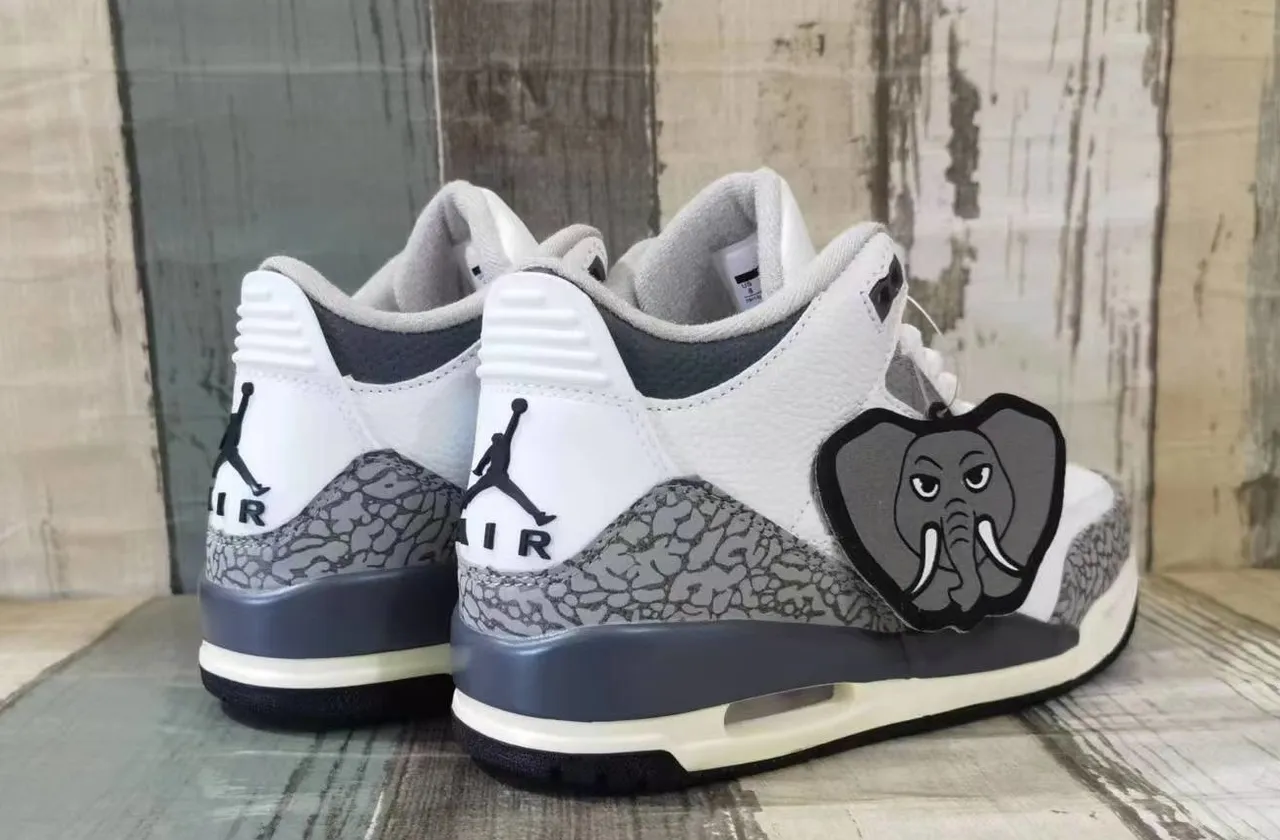Chaussures de basketball Air Jordan 3 blanc et gris carbone à imprimé éléphant 4