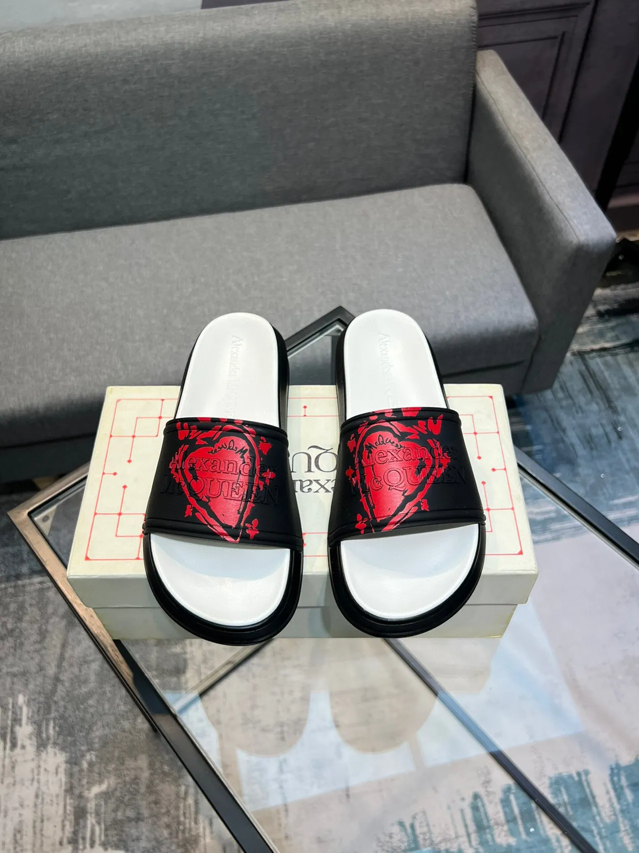 Alexander McQueen Black Red Bold Logo Strap Molded Rubber Sole Slippers 2