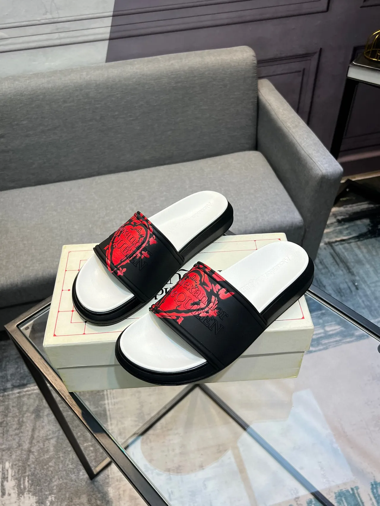 Alexander McQueen Black Red Bold Logo Strap Molded Rubber Sole Slippers 3
