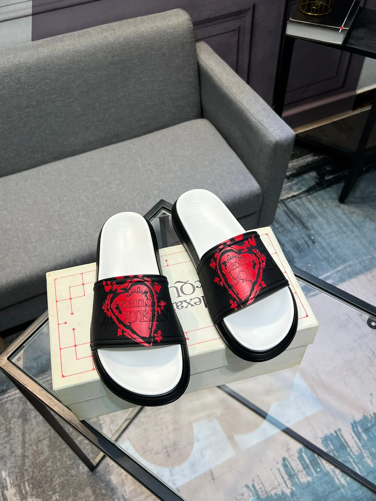 Alexander McQueen Black Red Bold Logo Strap Molded Rubber Sole Slippers 5