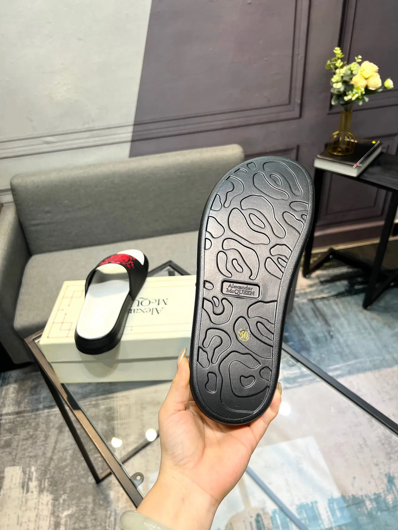 Alexander McQueen Black Red Bold Logo Strap Molded Rubber Sole Slippers 7