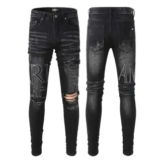 Amiri Black Gray Distressed Slim-Fit Jeans