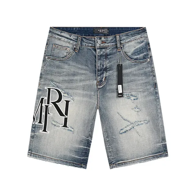 Amiri Blue White Distressed Light-Wash Denim Large Embroidered Monogram Shorts 2