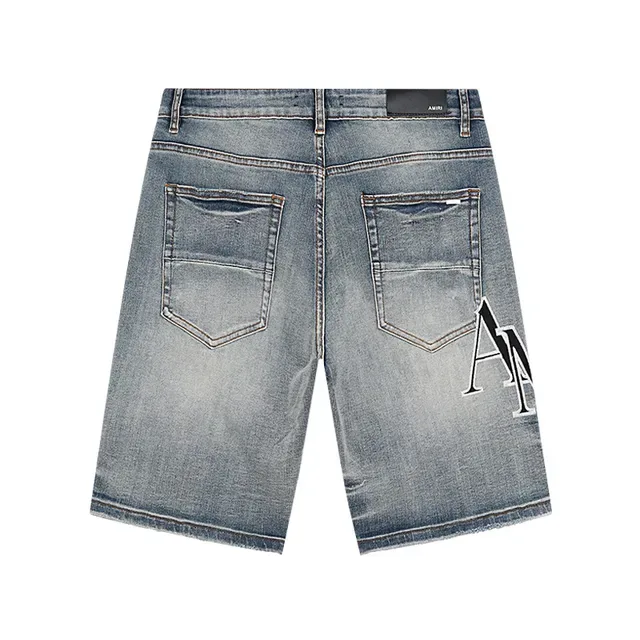 Amiri Blue White Distressed Light-Wash Denim Large Embroidered Monogram Shorts 3