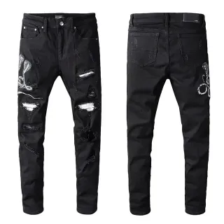 Amiri Snake Motif Distressed Slim-Fit Black Jeans
