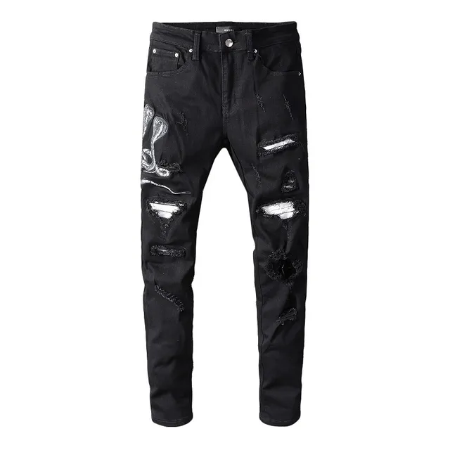 Amiri Motivo de serpente distressed slim-fit calça jeans preta 13