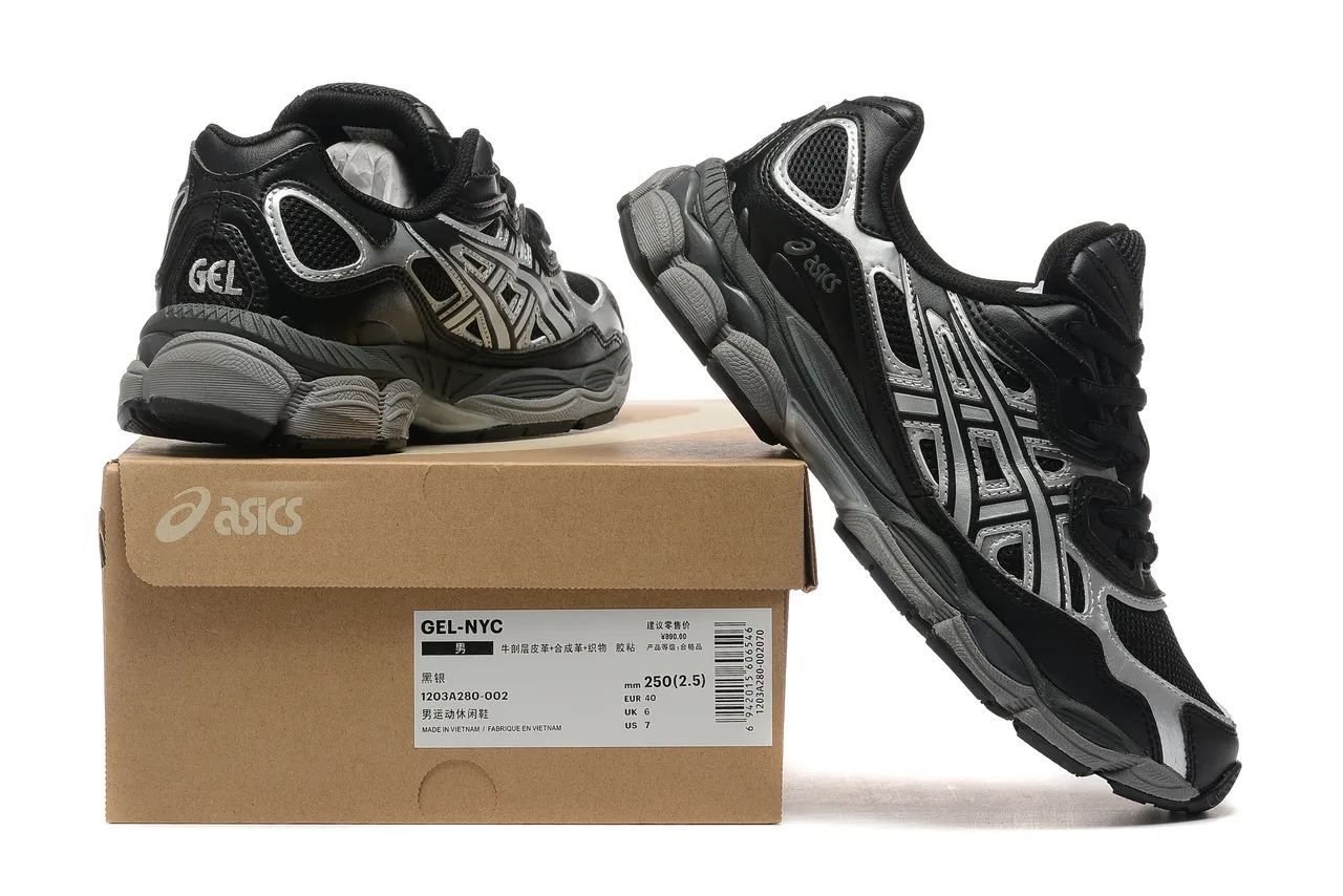 ASICS أحذية الجري السوداء والفضية الشبكية والصناعية العلوية بخطوط النمر المعدنية 6