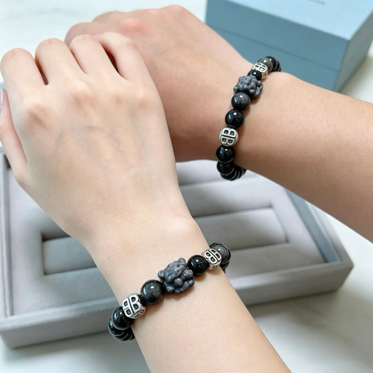 Balenciaga BB Black Silver Beaded Monogrammed Bracelet 2