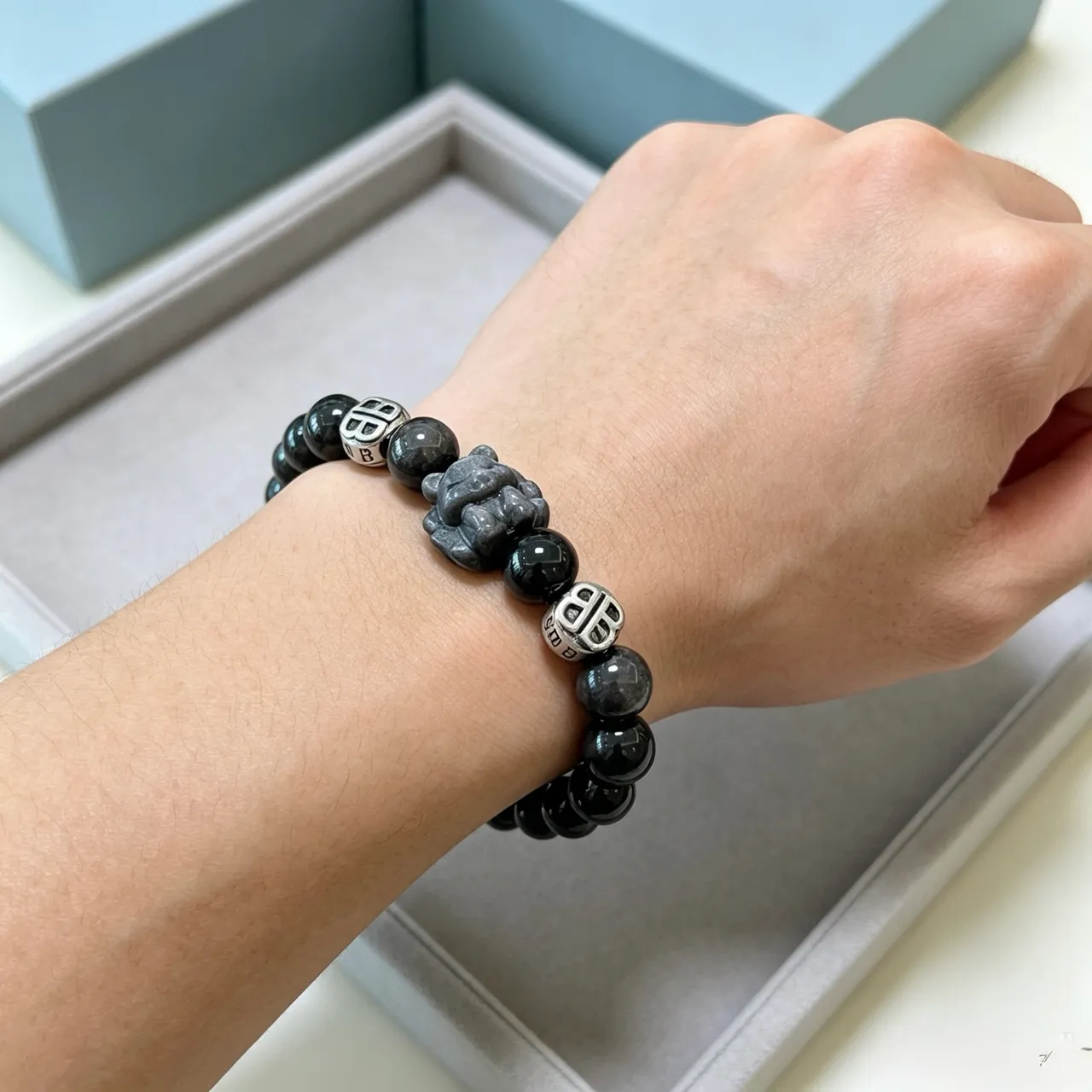 Balenciaga BB Black Silver Beaded Monogrammed Bracelet 3