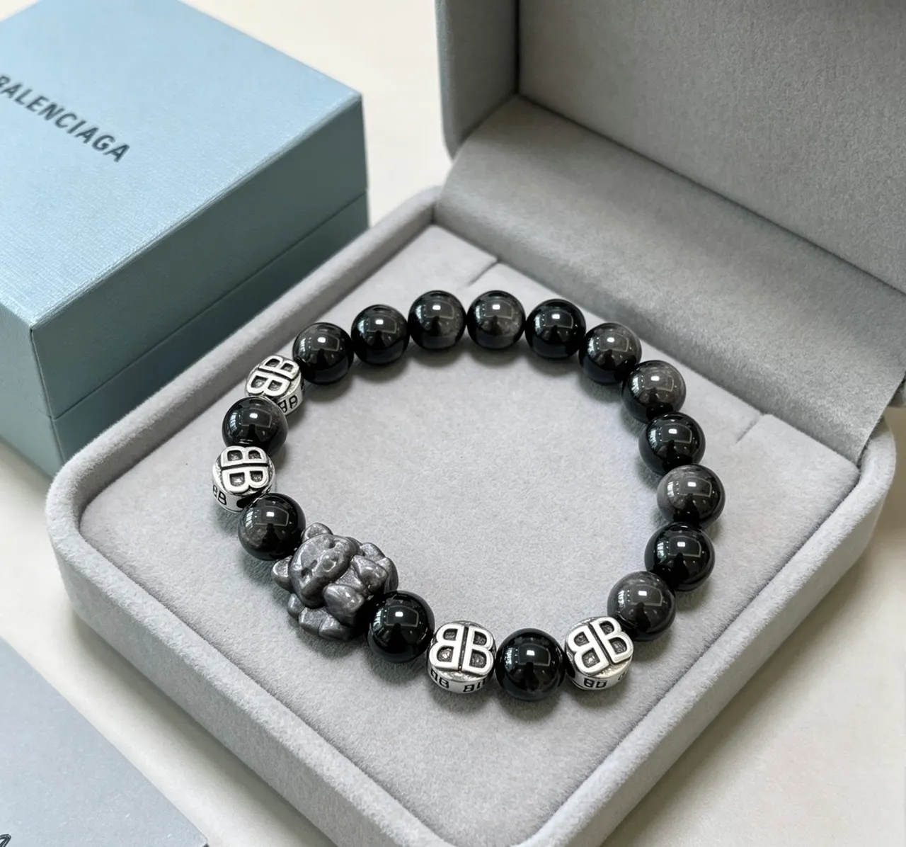 Balenciaga BB Black Silver Beaded Monogrammed Bracelet 5