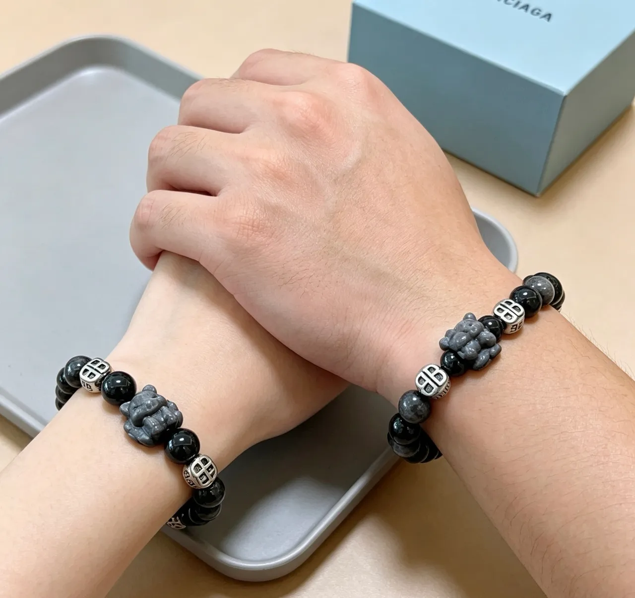 Balenciaga BB Black Silver Beaded Monogrammed Bracelet 6