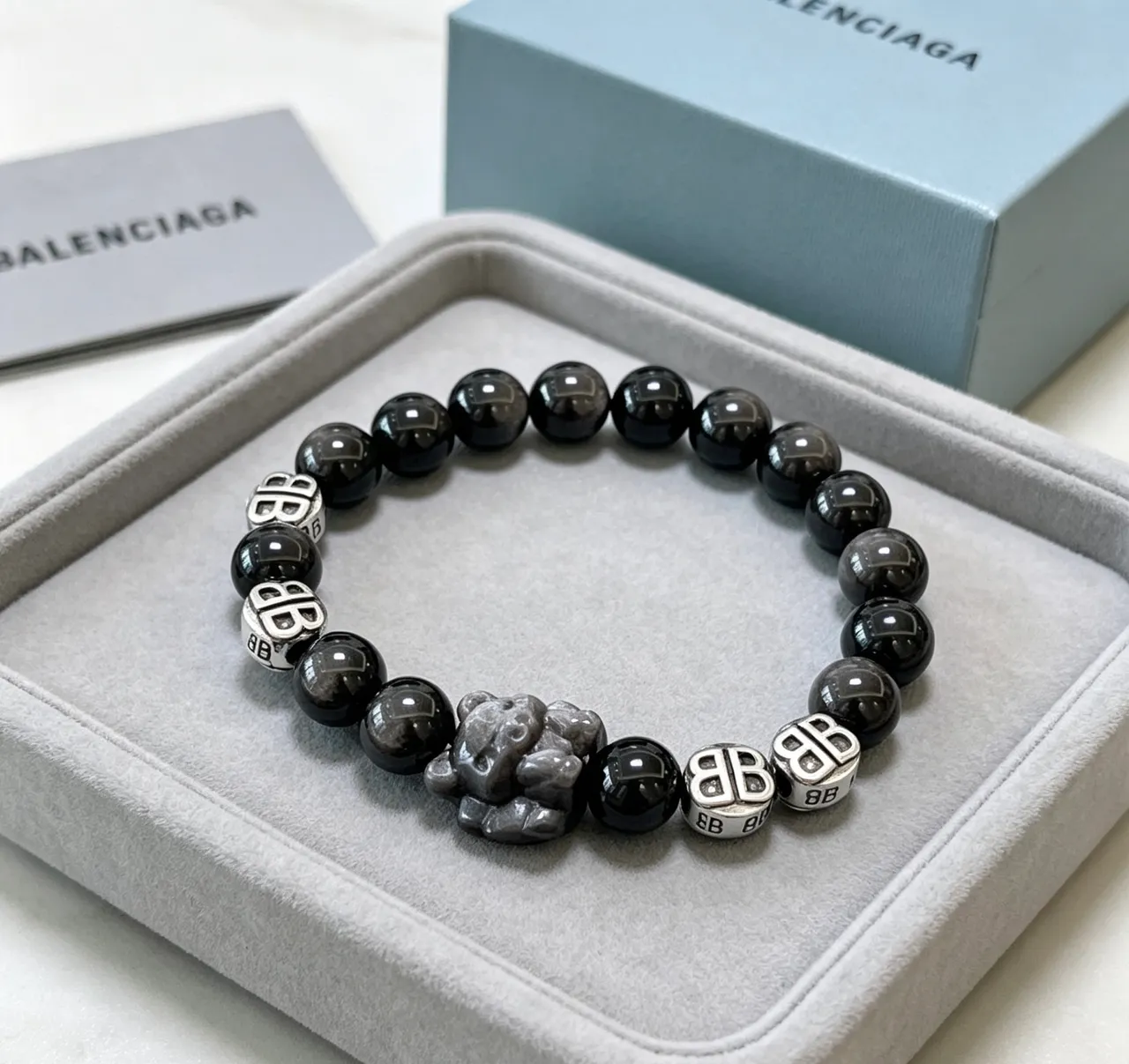 Balenciaga BB Black Silver Beaded Monogrammed Bracelet 7