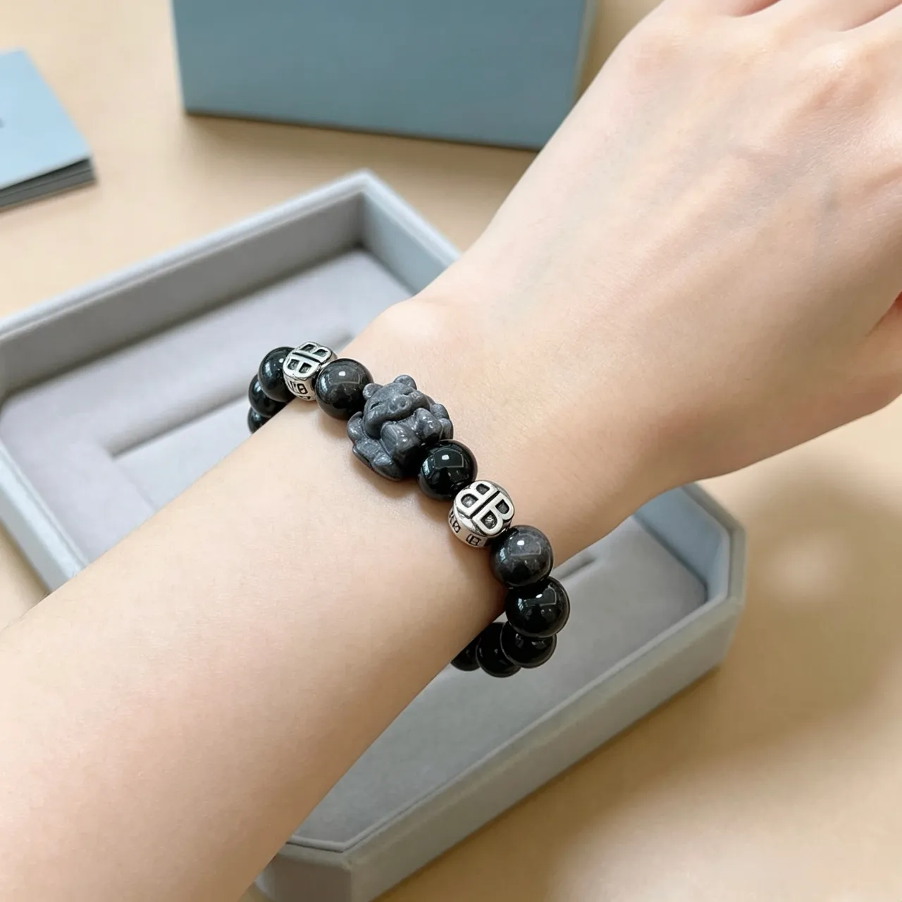 Balenciaga BB Black Silver Beaded Monogrammed Bracelet 8