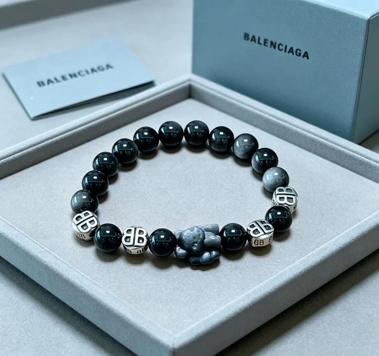 Balenciaga BB Black Silver Beaded Monogrammed Bracelet 9