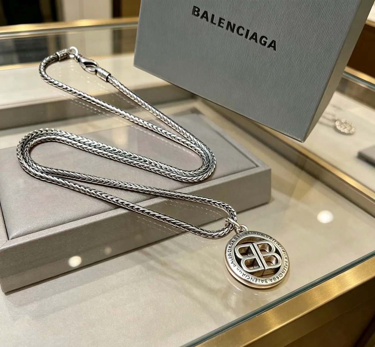 Balenciaga BB Coin Pendant Braided Chain Necklace 2