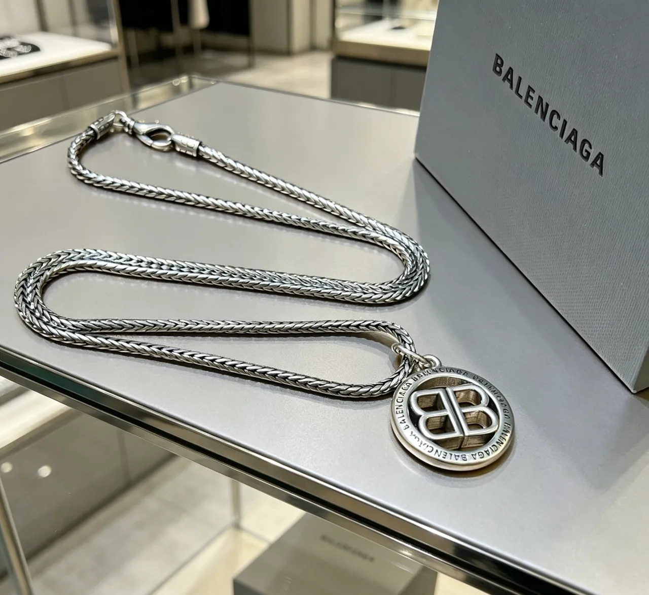 Balenciaga BB Coin Pendant Braided Chain Necklace 7