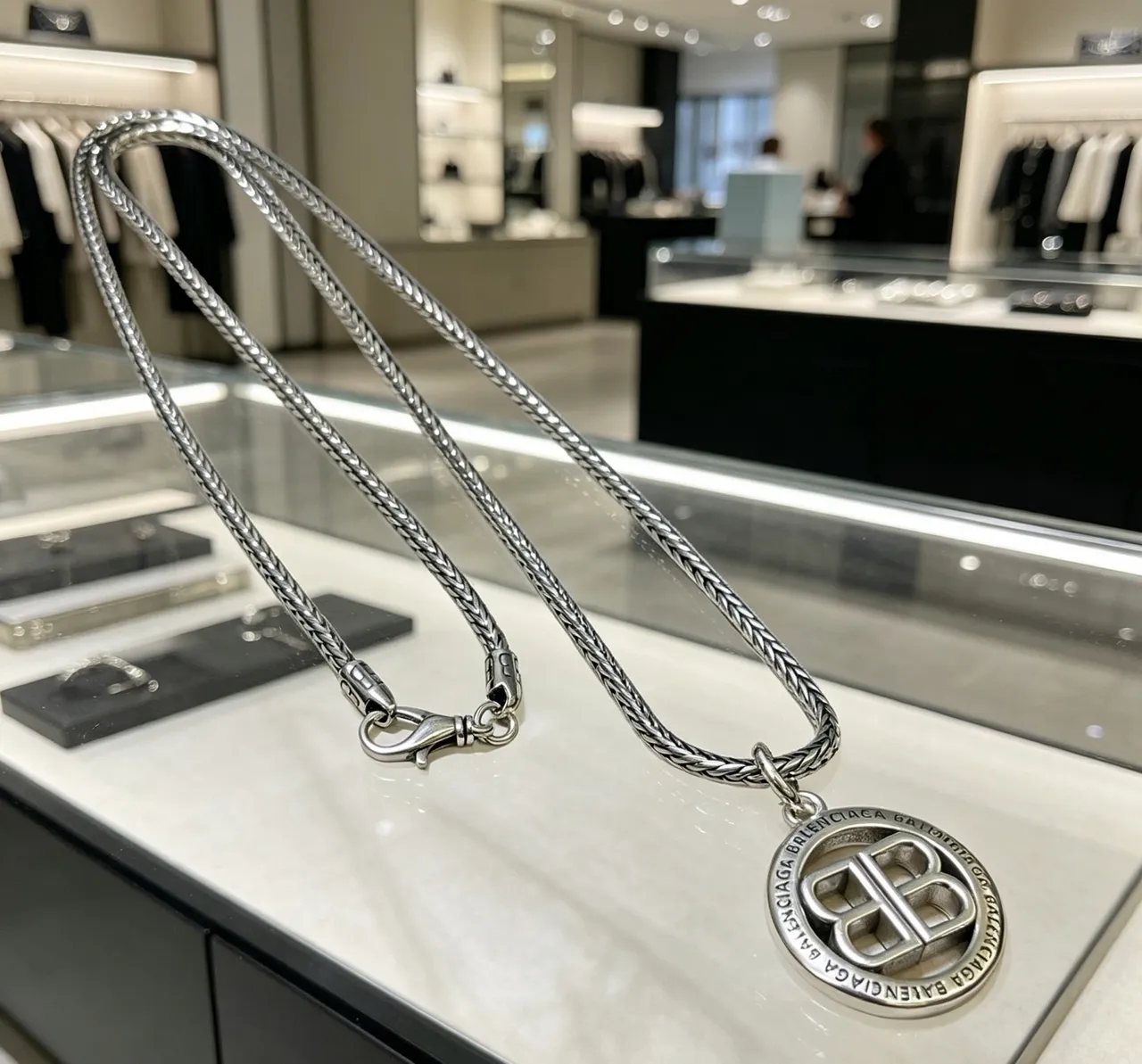 Balenciaga BB Coin Pendant Braided Chain Necklace 9