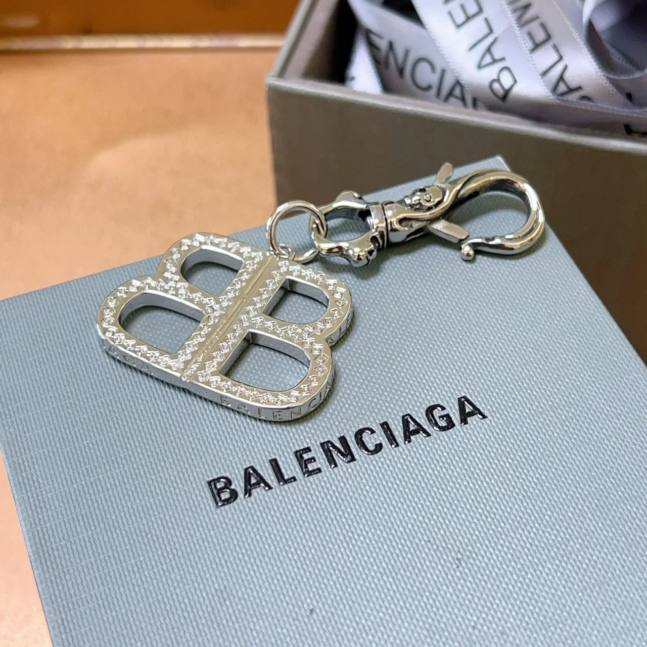 Balenciaga BB Crystal Charm Silver White Double-B Logo Bracelet 5