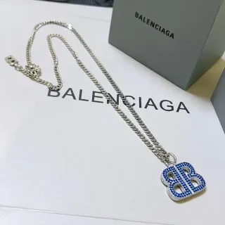 Balenciaga BB Necklace Silver Blue Curb-Link Chain Pavé-Set Crystals Necklace