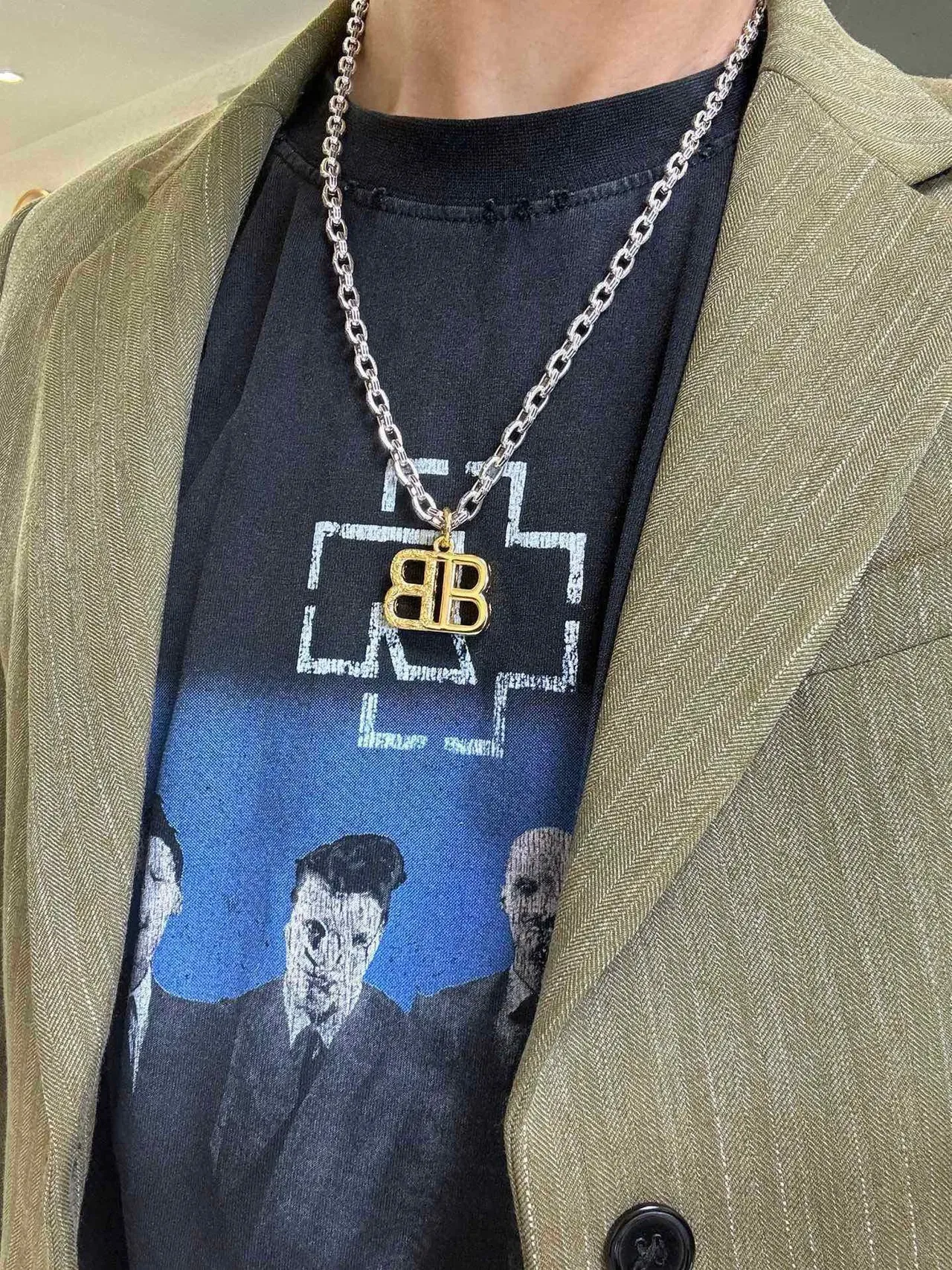 Balenciaga BB Collier Argent/Or Chaîne Gros Maillons Pendentif Monogramme 6