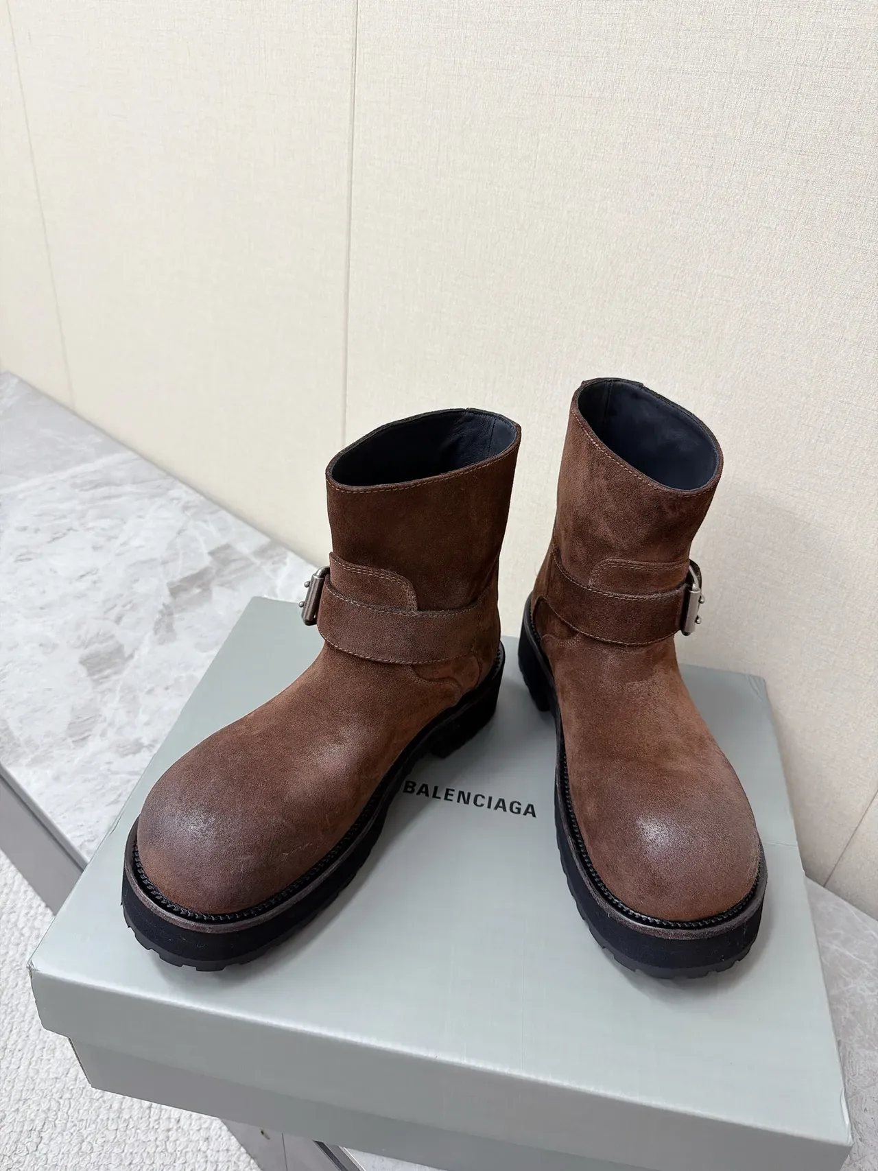 Balenciaga Le Cagole Brown Suede Buckle Strap Ankle Boots 4