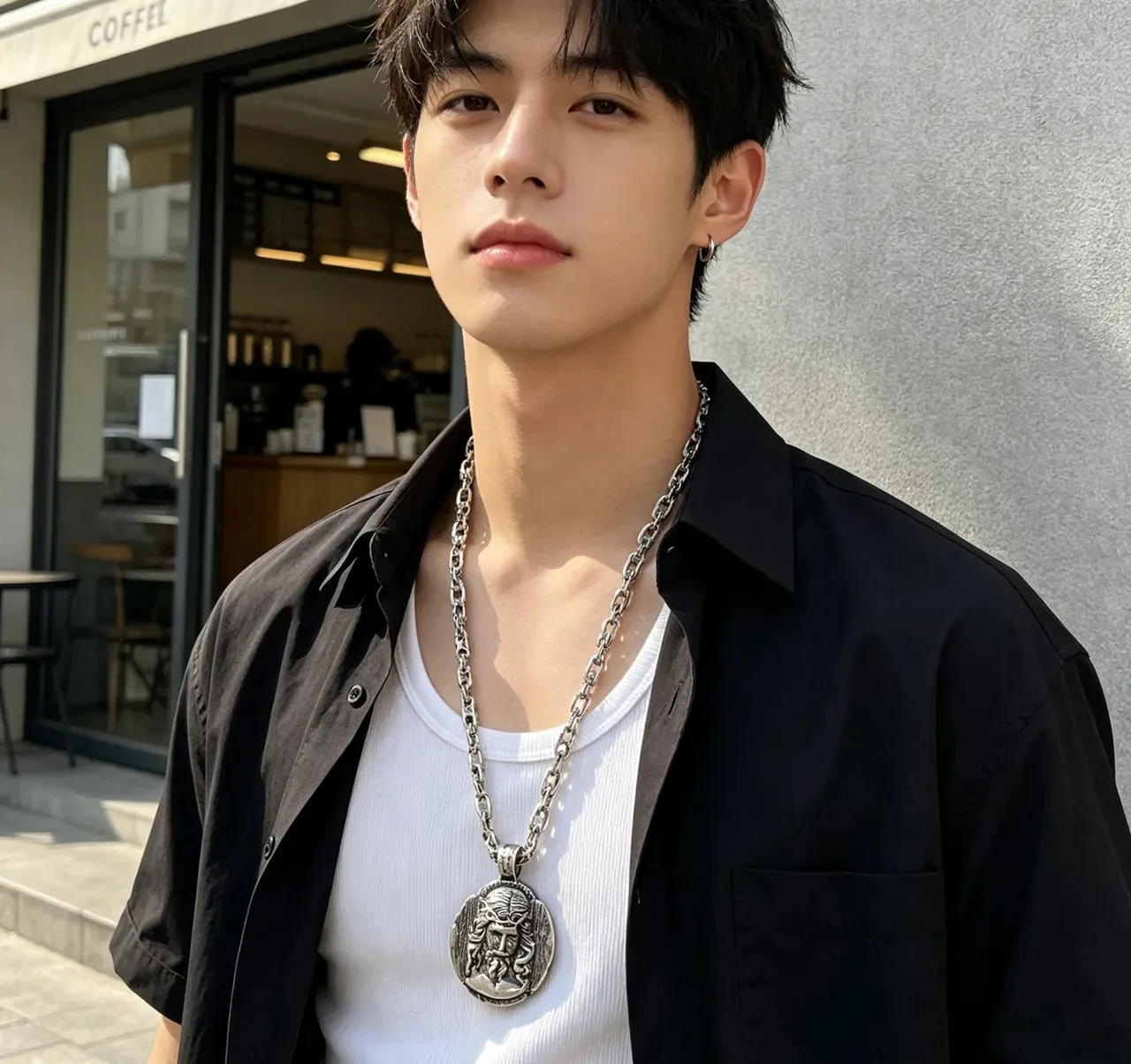 Balenciaga Pendentif Médaillon Argent Noir Chaîne à maillons lourds Collier Sculpté 3